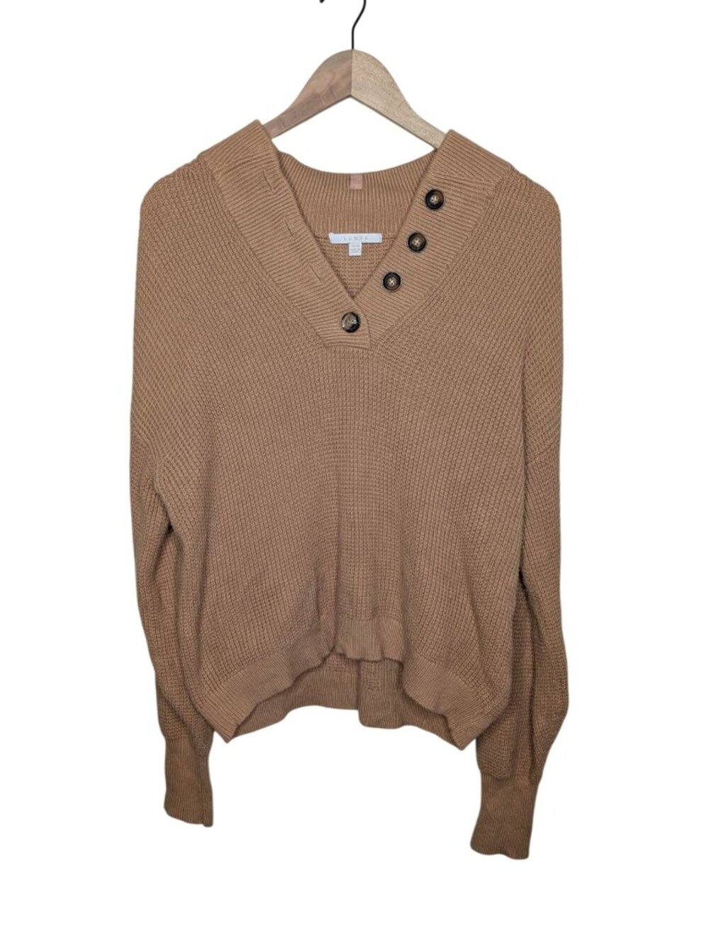 Lunya Womens Camel V-Neck Chunky Knit Henley Sweater XS/S